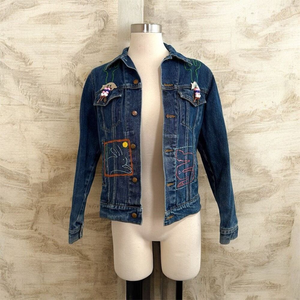 Vintage 90s Western Painted Denim Jean Jacket Coat Medium Wash Small